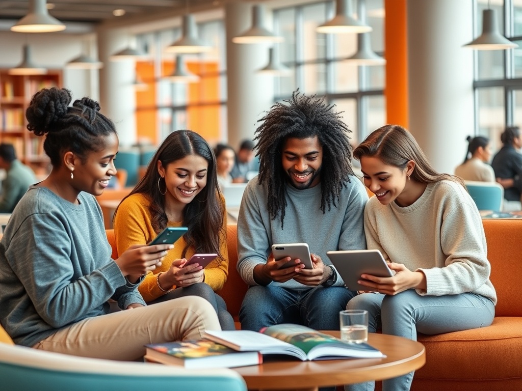 Группа молодёжи сидит вместе в кафе, смотрит на телефоны и обсуждает что-то, улыбаются и смеются.