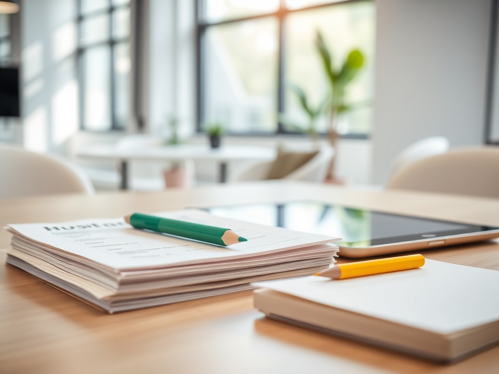 Письма и блокноты на столе в офисе, рядом с планшетом и яркими цветными карандашами.