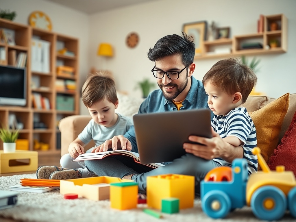 Отец читает книгу двум маленьким детям. Вокруг игрушки и уютная комната.