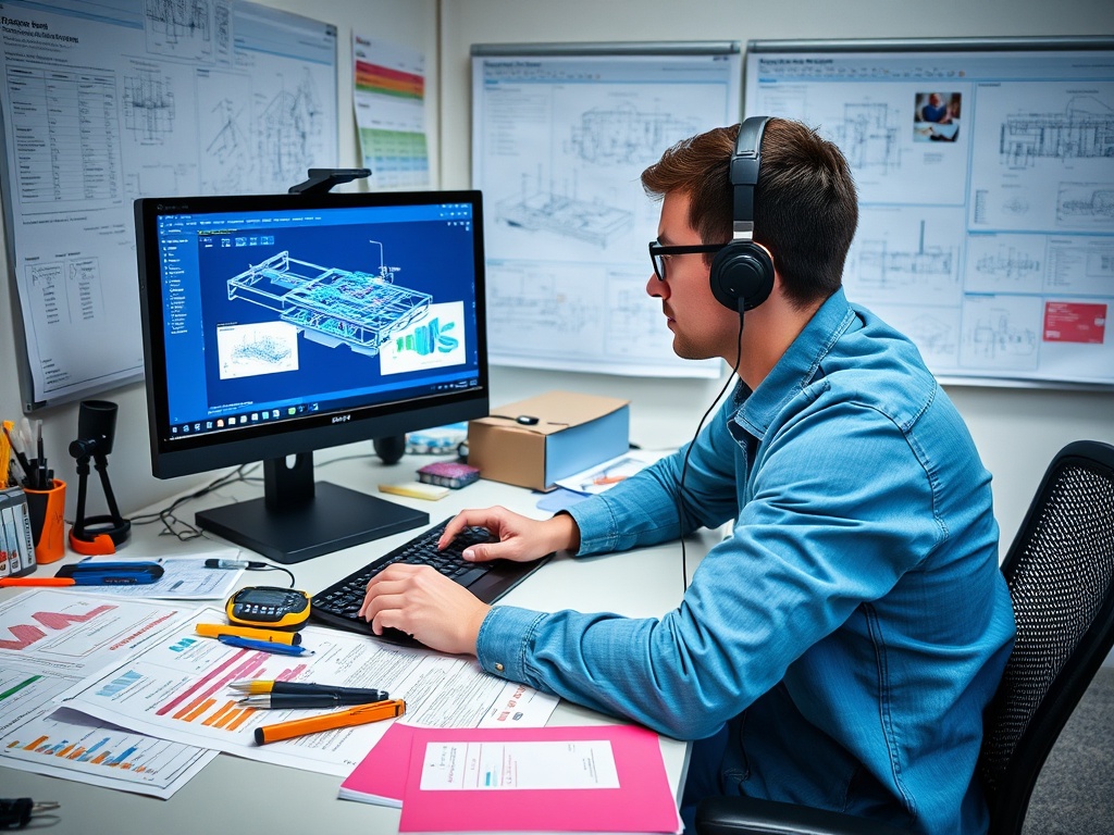 Мужчина в наушниках работает за компьютером, изучая чертежи и схемы конструкции на столе.