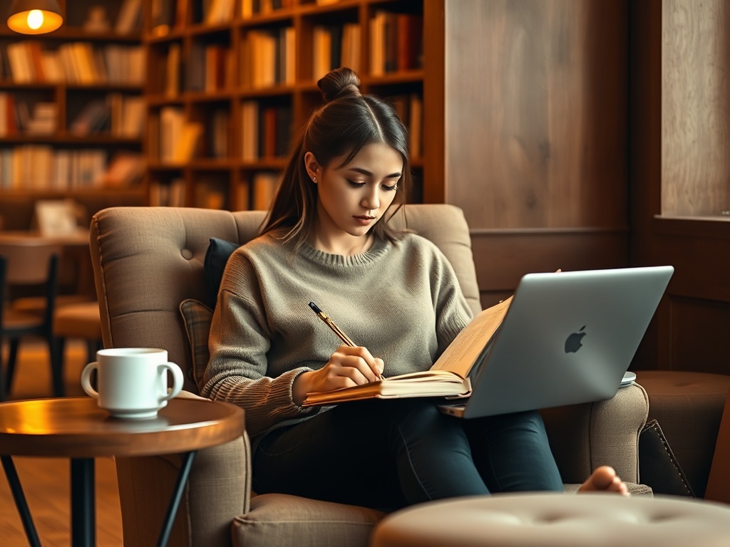 Молодая женщина сидит в уютном кресле с ноутбуком и блокнотом в руках, погружённая в учебу.