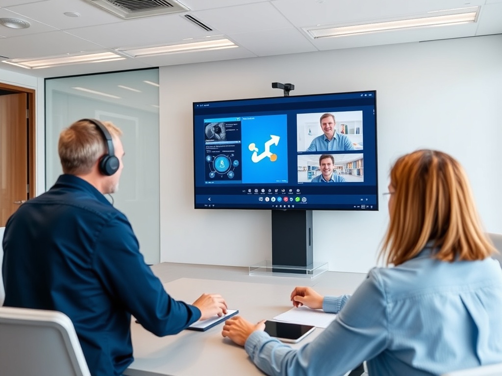 На встрече, участники общаются по видеосвязи, один из них в наушниках, другой записывает заметки.