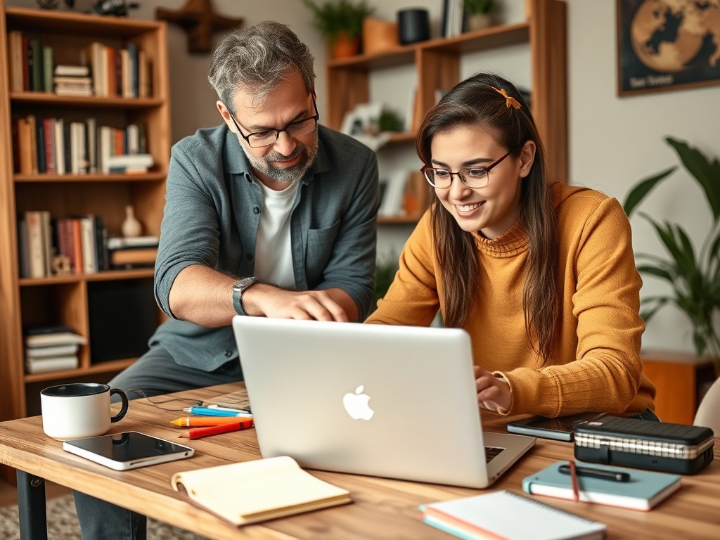 На изображении мужчина и женщина работают за столом с ноутбуком и канцелярскими принадлежностями.