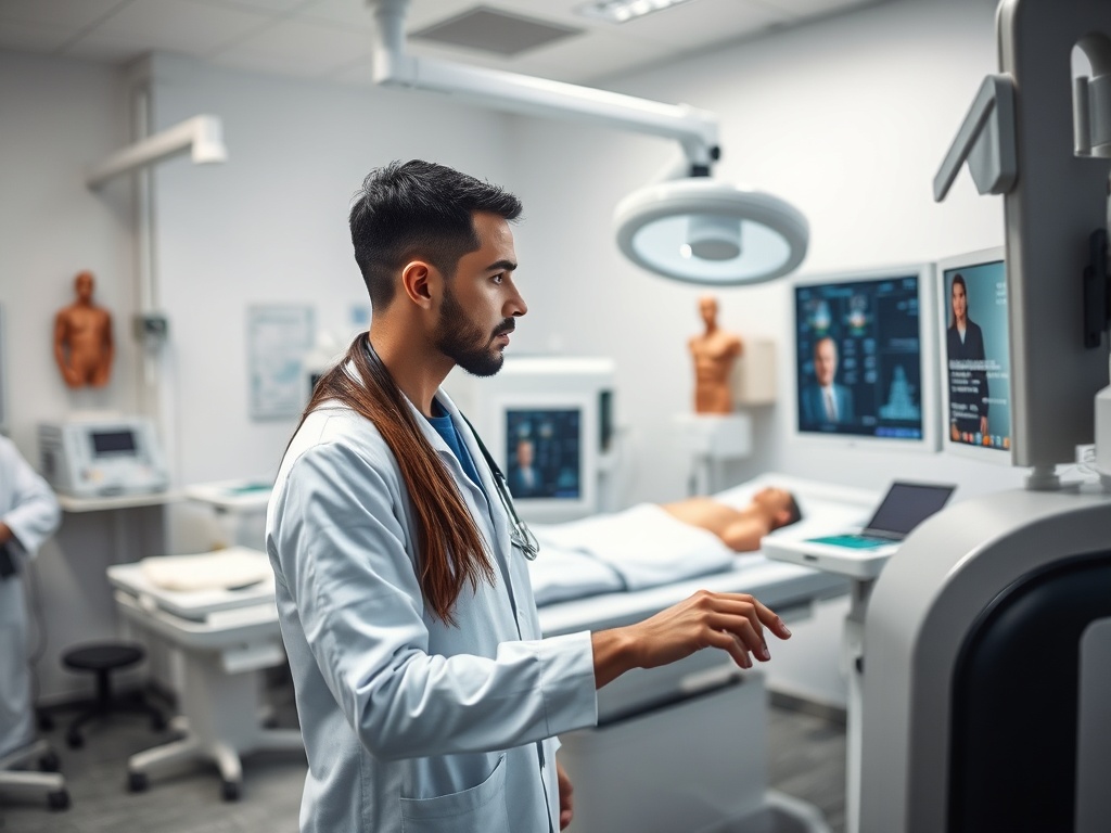 Врач в лаборатории взаимодействует с оборудованием и экранами, рядом лежит пациент.