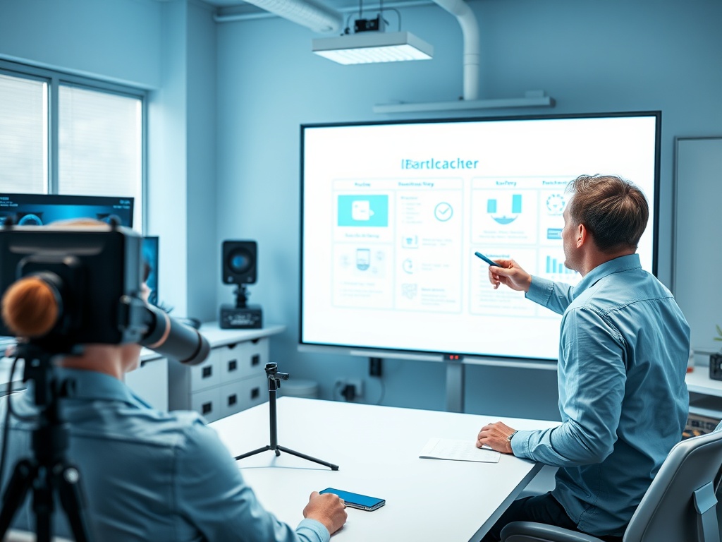 На изображении двое мужчин ведут презентацию в офисе, один показывает данные на экране.