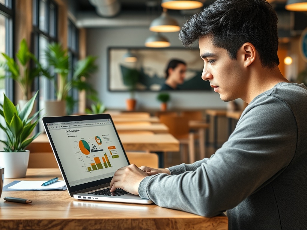 Молодой человек работает за ноутбуком в кафе, анализируя графики и данные на экране. Вокруг растения.