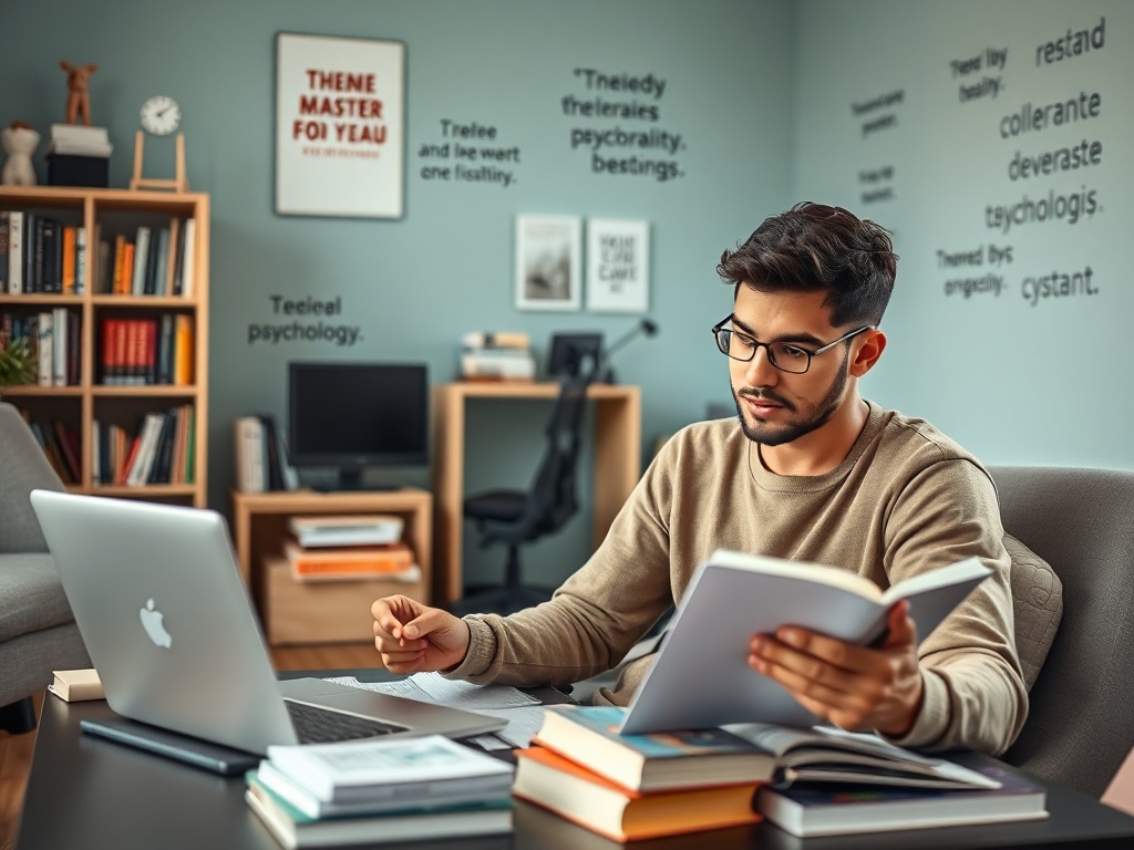 Молодой человек с книгой за компьютером в уютной комнате с библиотекой и постерами на стенах.