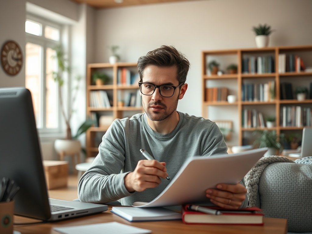 Молодой человек с бумагами и ручкой, сосредоточенно смотрит на экран компьютера в уютном офисе.
