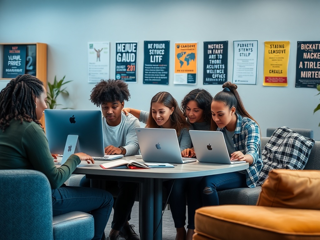 Группа студентов за общим столом, работающих на ноутбуках в современном учебном пространстве.