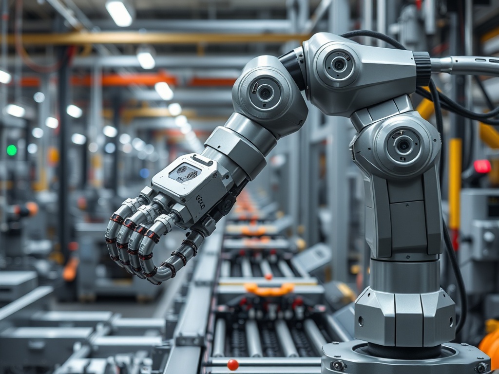 Роботизированная рука на производственном конвейере, окруженная специализированным оборудованием.