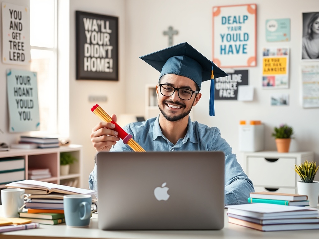 Студент в академической одежде сидит за столом, улыбаясь и держа в руках диплом и ручку, перед ним ноутбук.