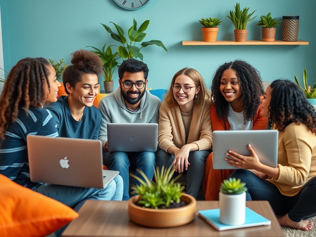 Группа молодых людей, сидящих на диване и работающих на ноутбуках, улыбаются и общаются.