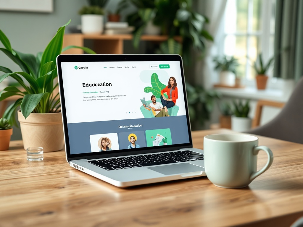 Ноутбук на столе с открытым веб-сайтом об образовании, рядом чашка и растения в горшках.