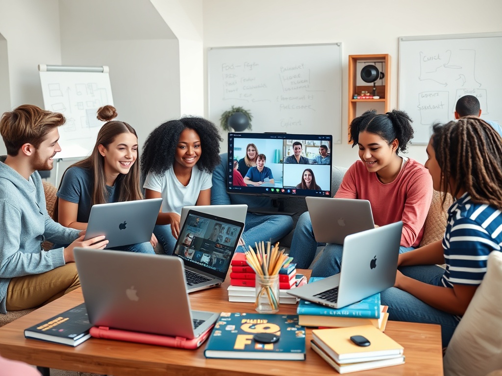 Группа людей работает с ноутбуками и участвует в видеозвонке в уютном офисе.