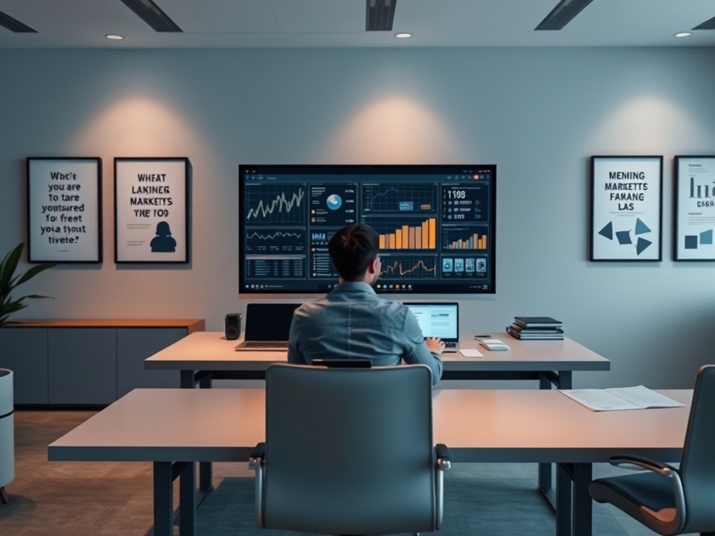 Человек сидит за столом в современном офисе, работающий с несколькими экранами и графиками на стенах.