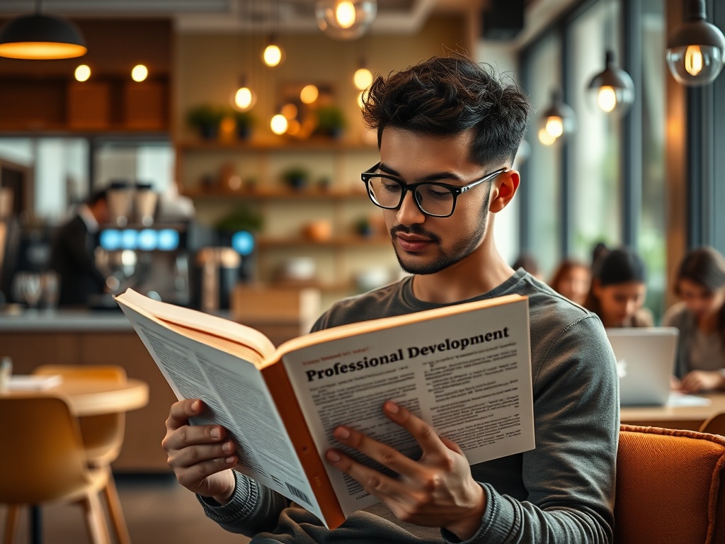 Молодой человек в очках читает книгу о профессиональном развитии в уютном кафе. Позади люди работают на ноутбуках.