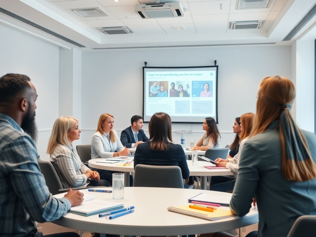 Группа людей на деловой встрече в современном офисе, обсуждают идеи и смотрят презентацию.