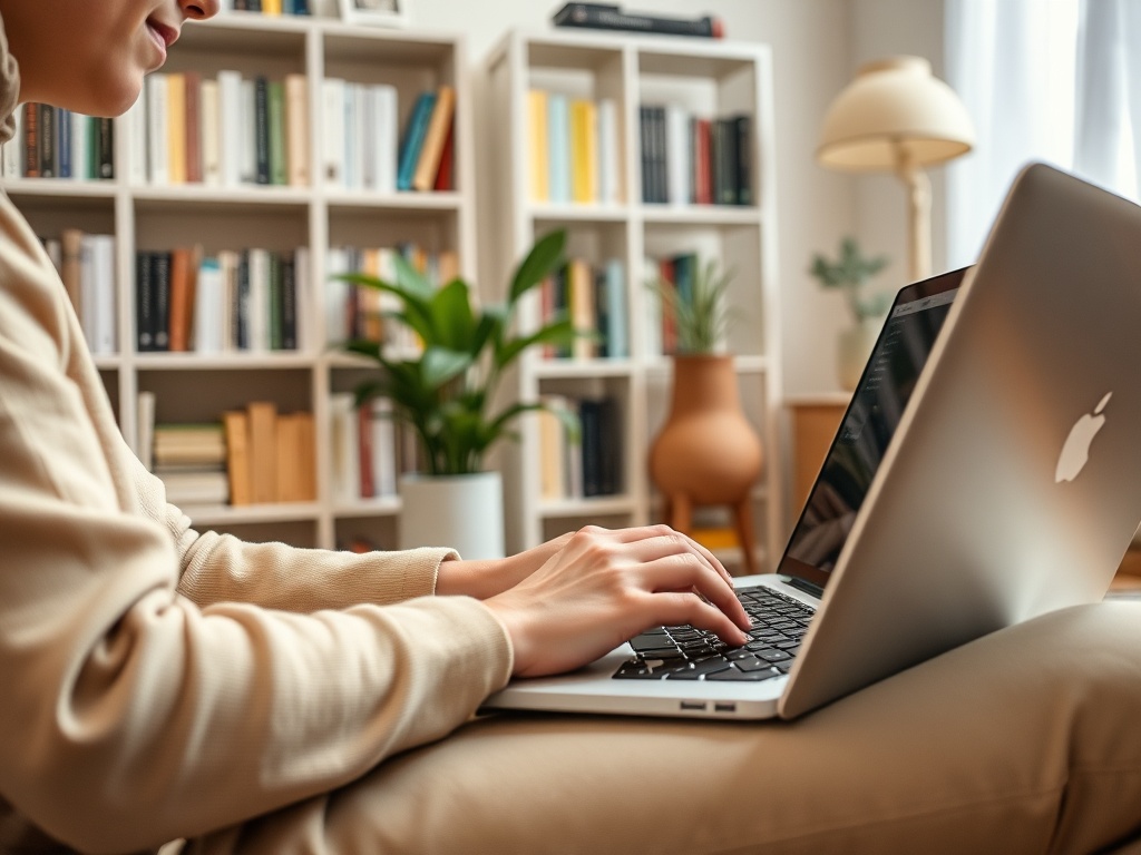 Человек работает за ноутбуком, сидя на диване рядом с полками, полными книг и зелеными растениями.