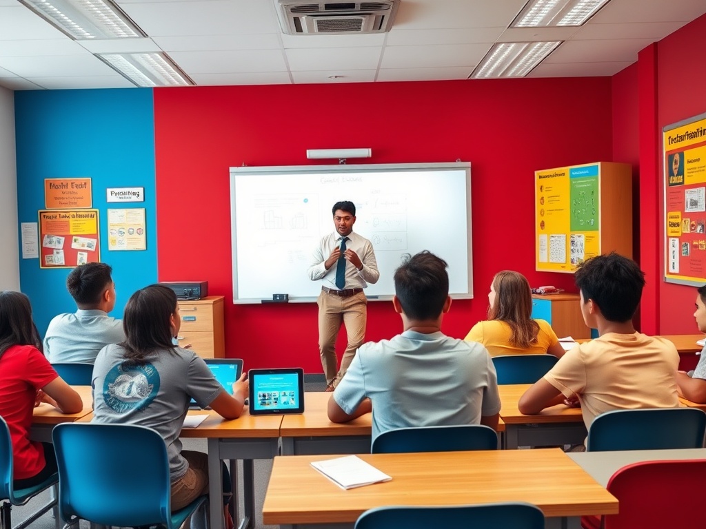 Учитель проводит занятие в классе, ученики внимательно слушают и используют устройства.