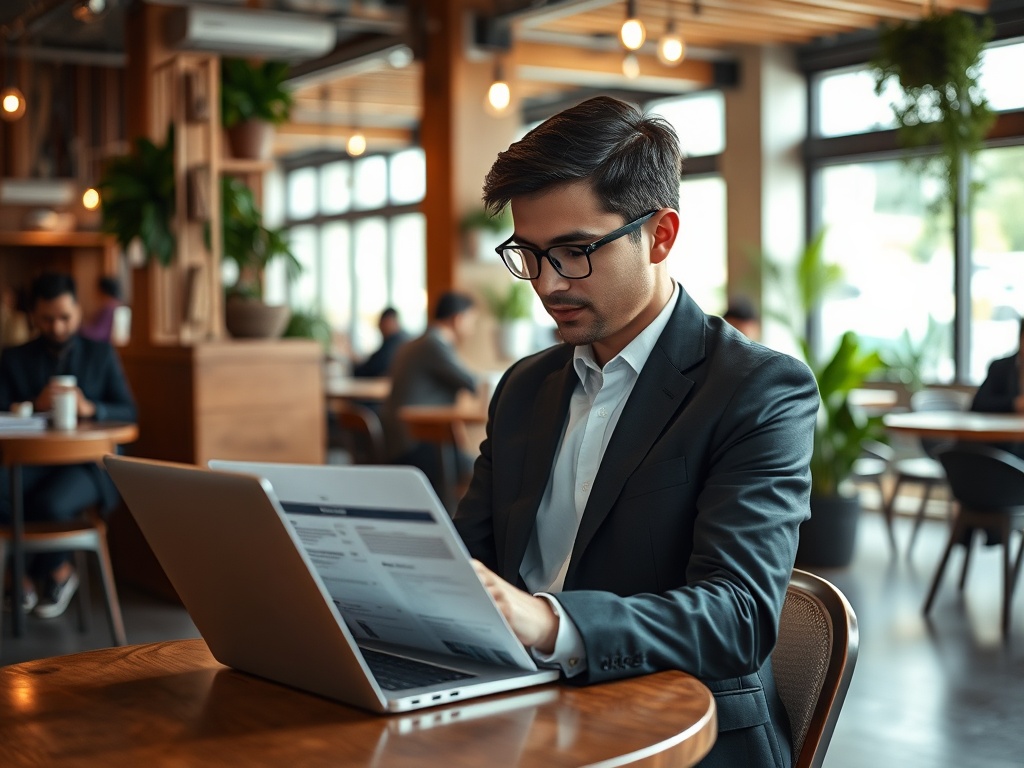 Мужчина в деловом костюме работает за ноутбуком в современном кафе, окружённом растениями.