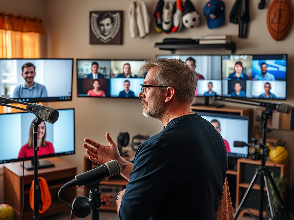 Человек обсуждает что-то важное на фоне нескольких экранов с участниками видеозвонка. Микрофоны рядом.