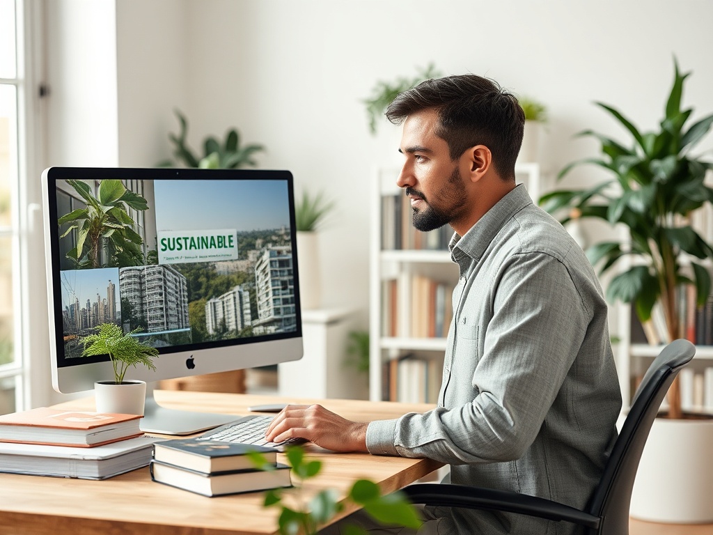 Мужчина работает за компьютером в зелёном офисе, на экране видны фотографии устойчивого развития.