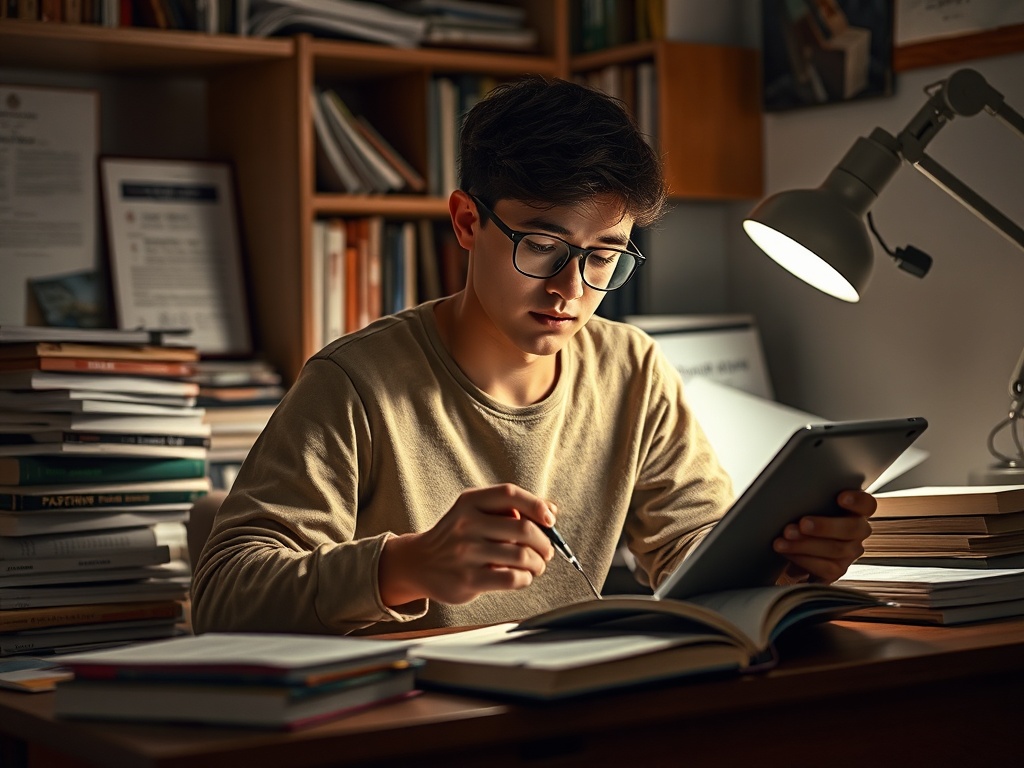 Молодой человек читает книгу и делает заметки на планшете в уютной библиотеке.