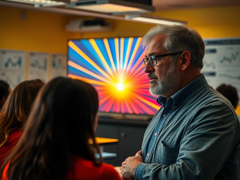 В классе обсуждают что-то важное, на заднем плане яркий экран с радиальной графикой.