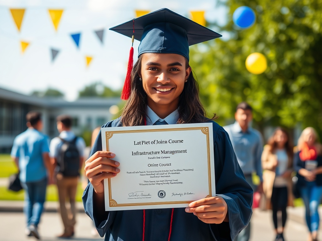 Студентка в выпускной мантии держит диплом по управлению инфраструктурой на фоне празднования.