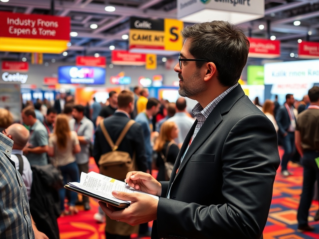 Мужчина в костюме держит блокнот на фоне яркой выставочной площадки и людей.