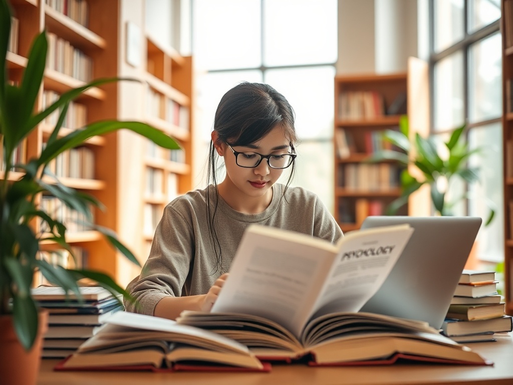 Девушка в очках учится за столом в библиотеке, окруженная книгами и с ноутбуком.