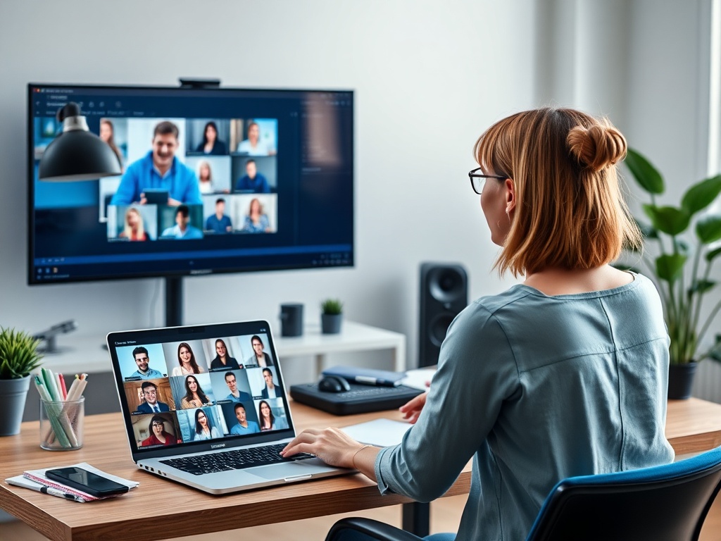 Женщина сидит за столом с ноутбуком, участвуя в видеоконференции на экране телевизора.
