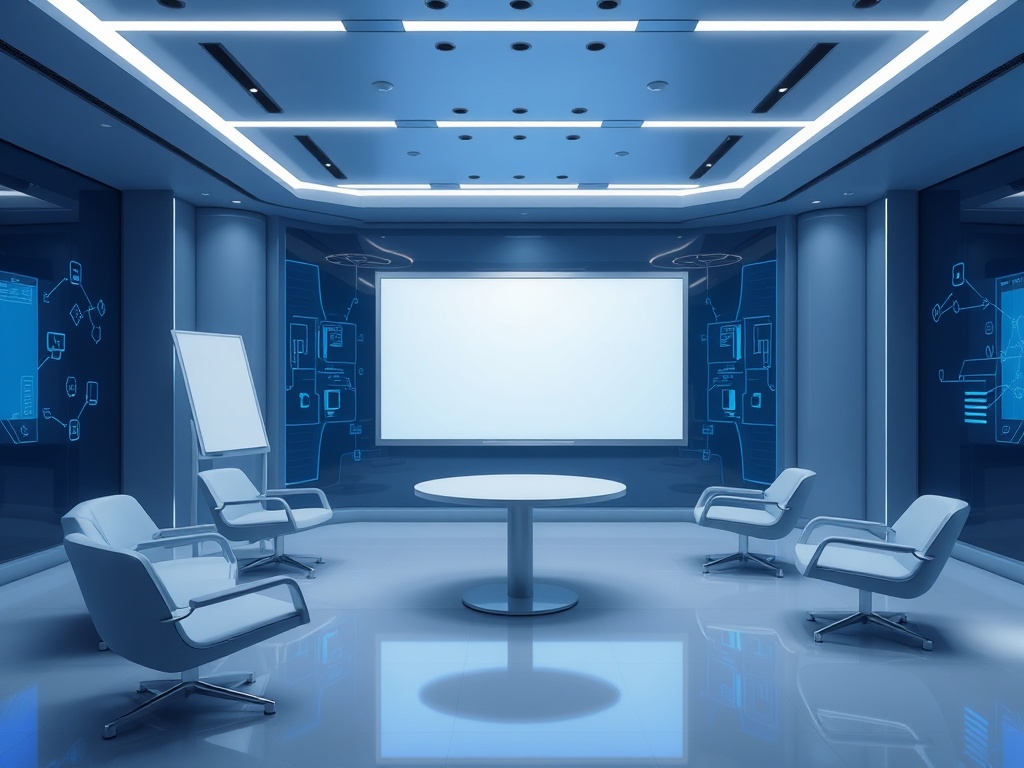 Современный конференц-зал с круглыми столом, креслами и экраном для презентаций. Дизайн в голубых тонах.
