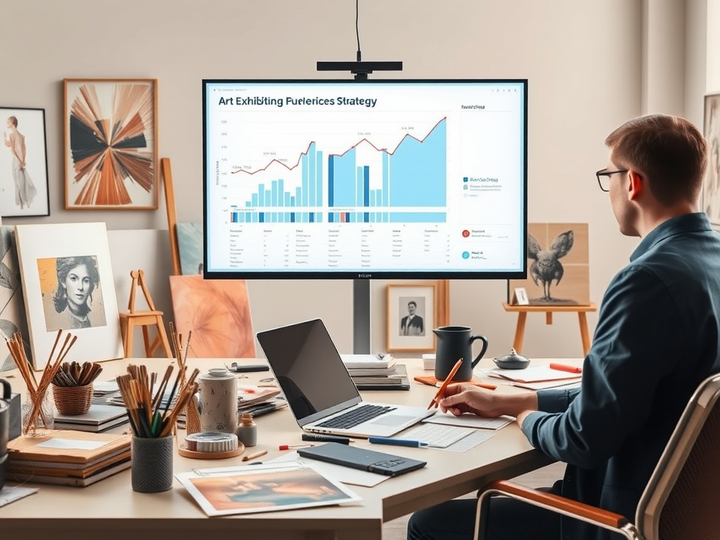 На столе у человека ноутбук и блокноты, на экране графики, вокруг картины и арт-объекты.