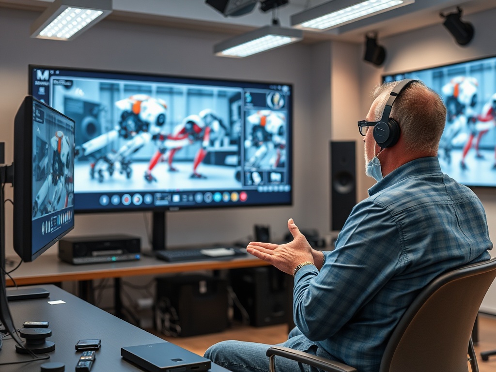 Мужчина в наушниках обсуждает механических роботов на большом экране в современном офисе.