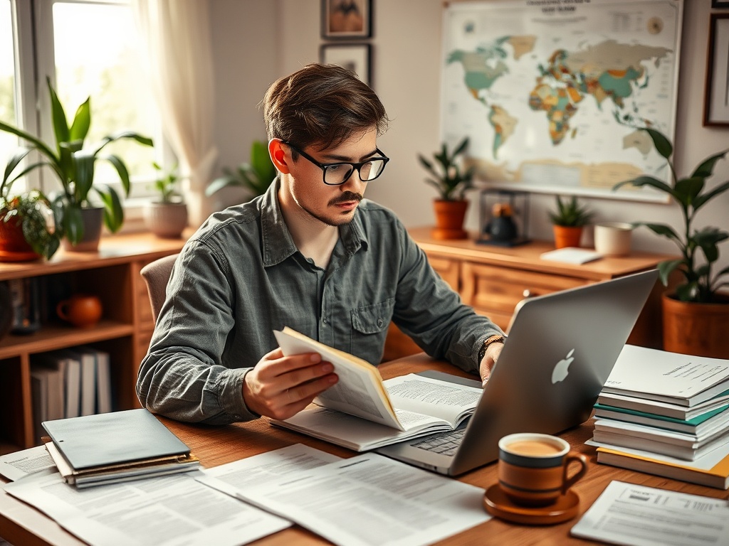 Молодой человек за столом читает книгу, рядом ноутбук и стопки документов, в уютном офисе с растениями.