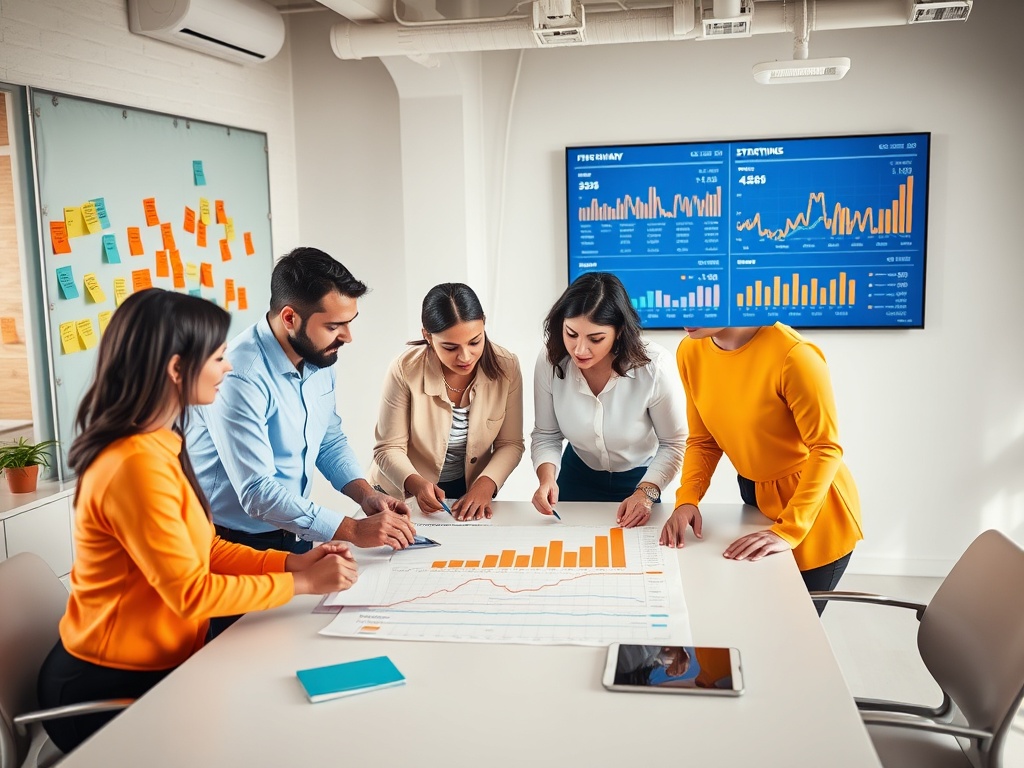 Группа людей в офисе обсуждает графики и данные на столе и экранах. Они работают вместе над проектом.