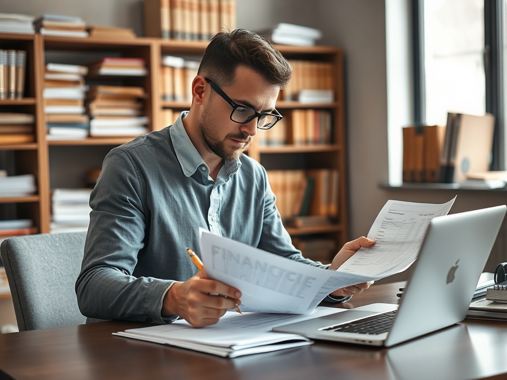 Мужчина в очках изучает документы и работает за ноутбуком в офисе, окружённом книгами и папками.