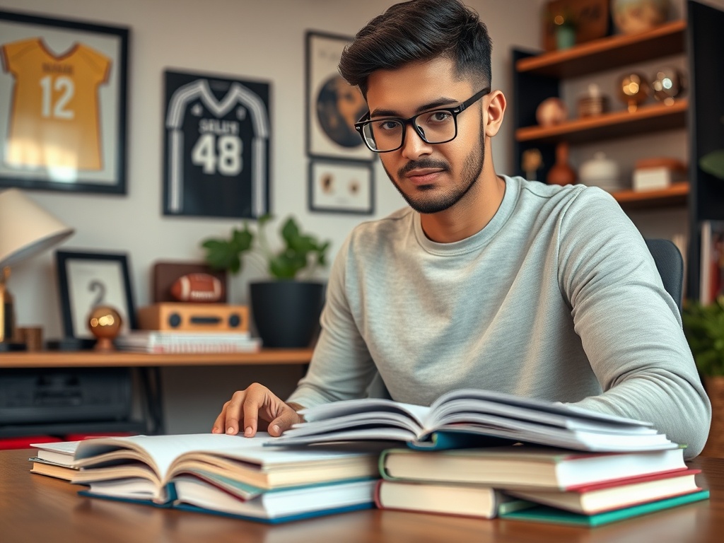 Молодой человек в очках сидит за столом, окруженный книгами, изучая материалы для учебы.